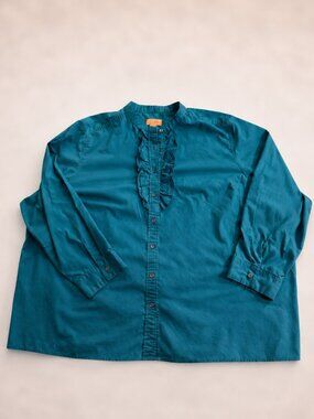Denim & Co Blouse Women’s 3X Teal Ruffle Button Front Plus Size Career Top EUC